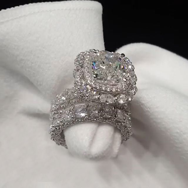 3.0 Carat Halo Cushion Cut Sterling Silver Bridal Set shine of diamond
