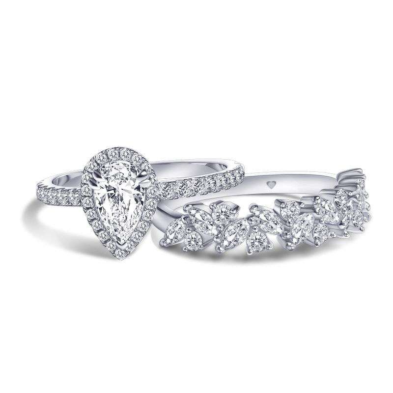Pear Cut Engagement Ring Set & Leaves Wedding Band – Customizable Shineofdiamond