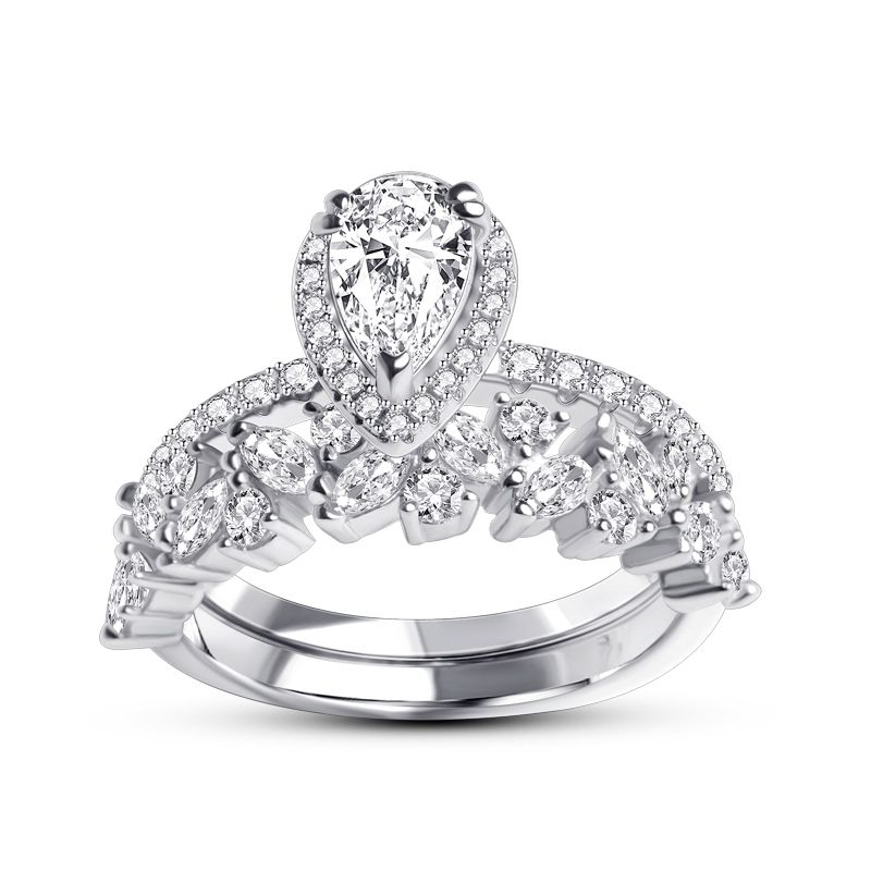 Pear Cut Engagement Ring Set & Leaves Wedding Band – Customizable Shineofdiamond