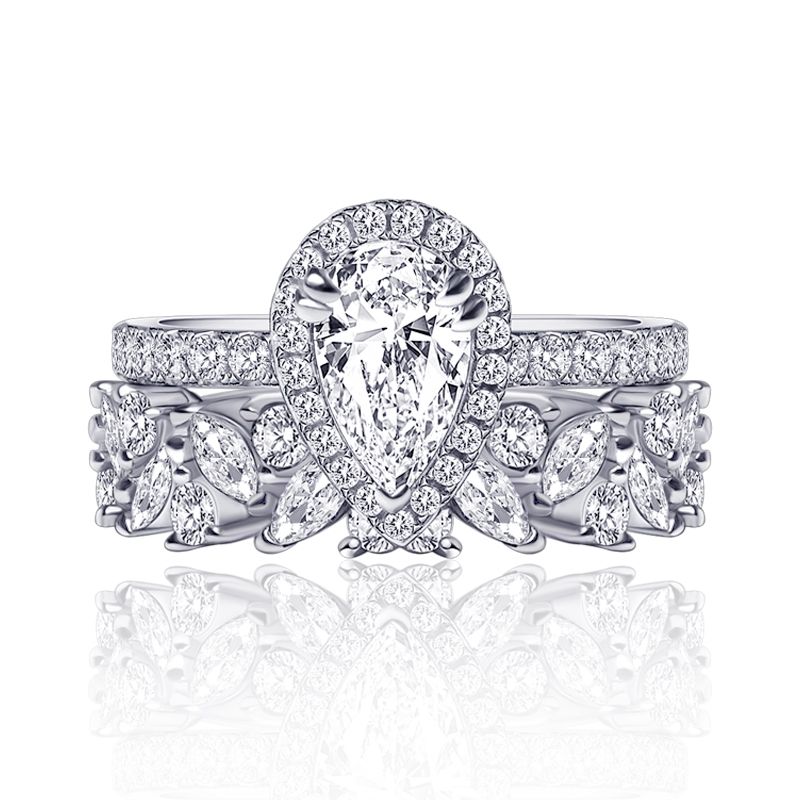 Pear Cut Engagement Ring Set & Leaves Wedding Band – Customizable Shineofdiamond