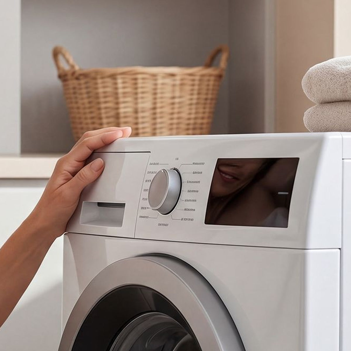 Clean washing machine in a laundry room