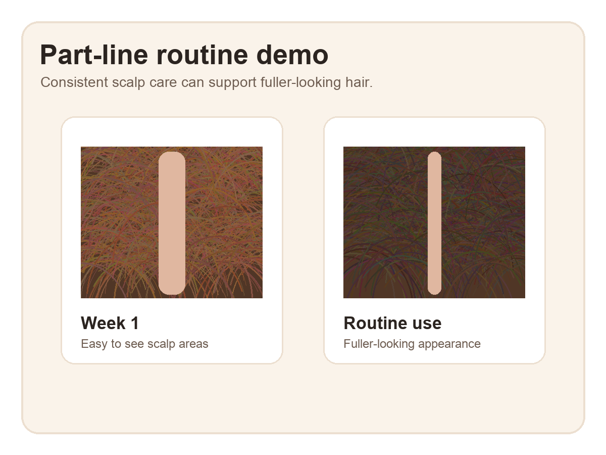Fuller-looking hair part line demonstration for Korive
