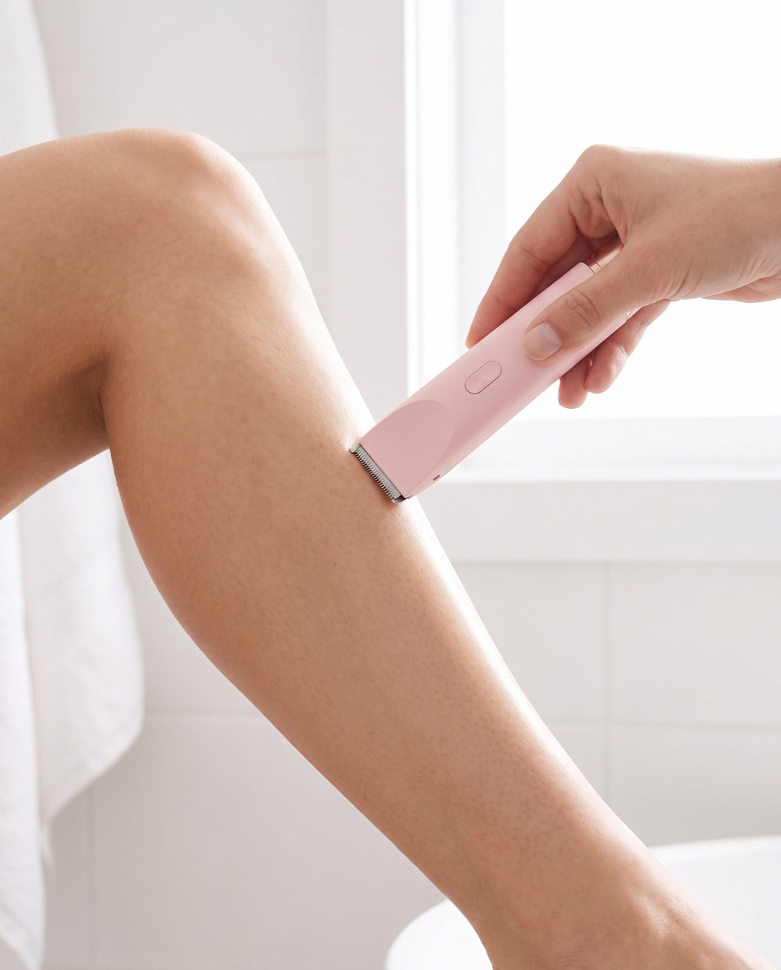 The Rosava body trimmer resting on a soft blush surface, ready for a gentle daily shave
