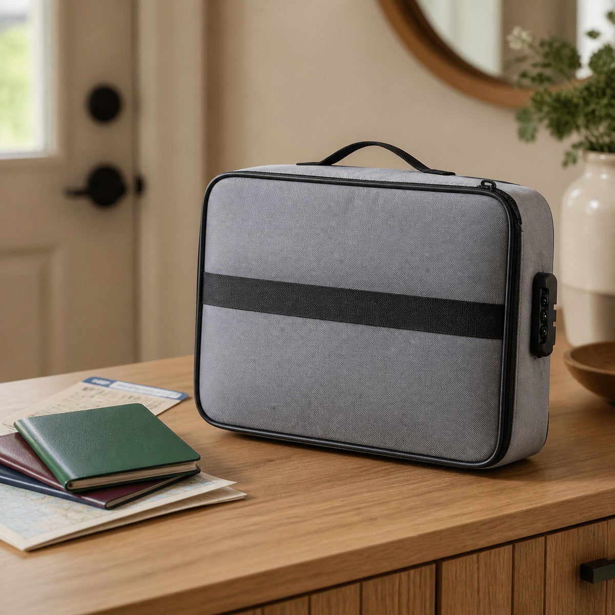 Archivia gray zip document organizer on a home table