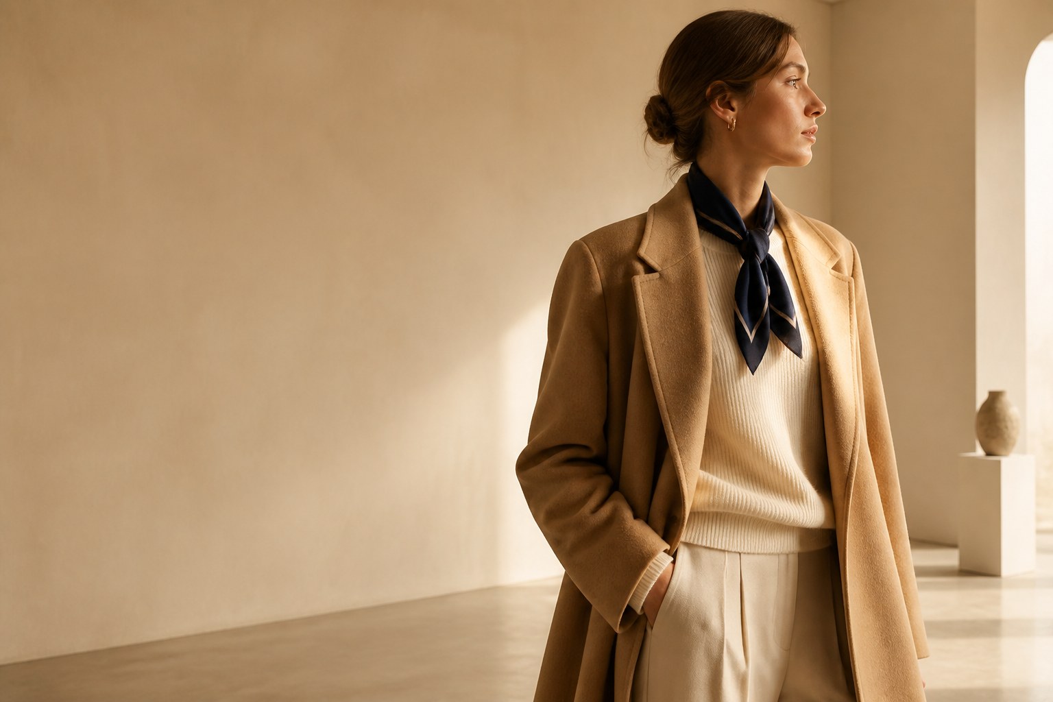 A woman in a camel coat and navy scarf in a sunlit gallery