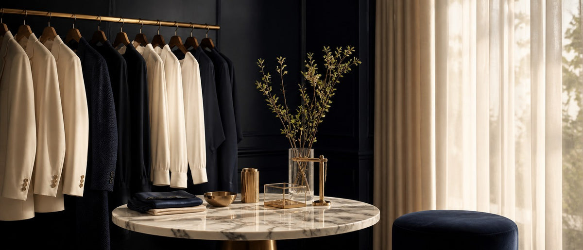 A navy CAAYWORLD dressing room with tailored pieces on a brass rail