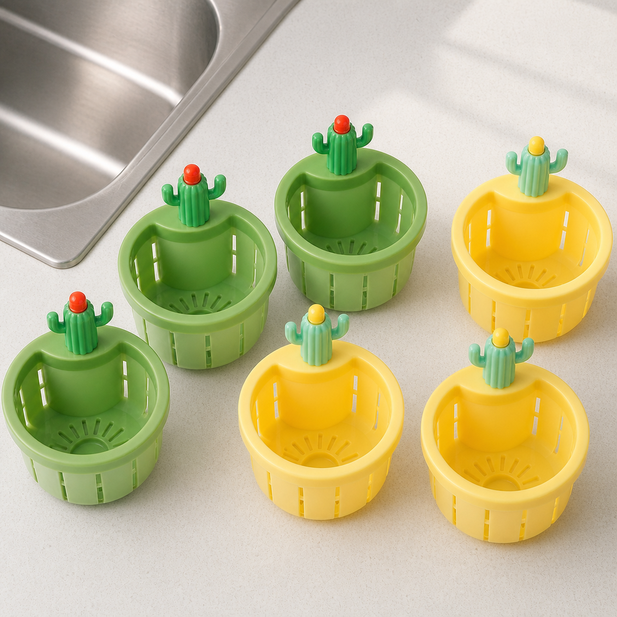 Six Cacticlean baskets, three green and three yellow