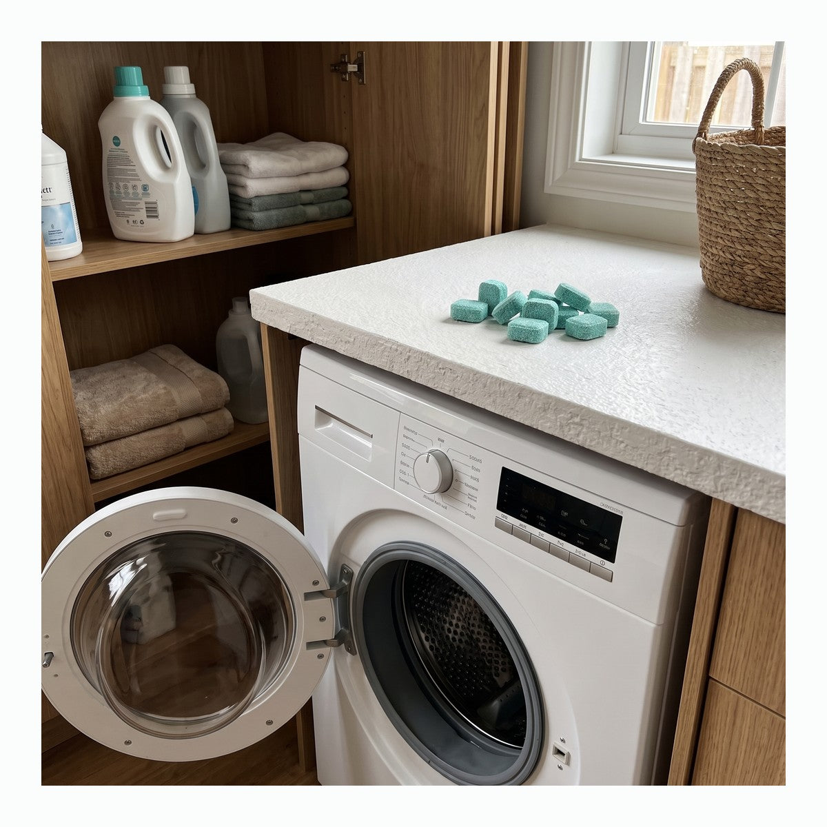 Mint washer cleaner tablets in a shared laundry room