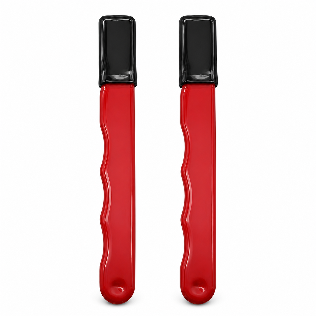 Two red EdgeSharp sharpeners with their fitted black protective covers on white
