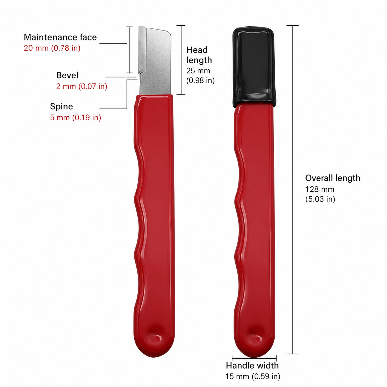 Measured EdgeSharp dimensions, exposed maintenance head and fitted cover