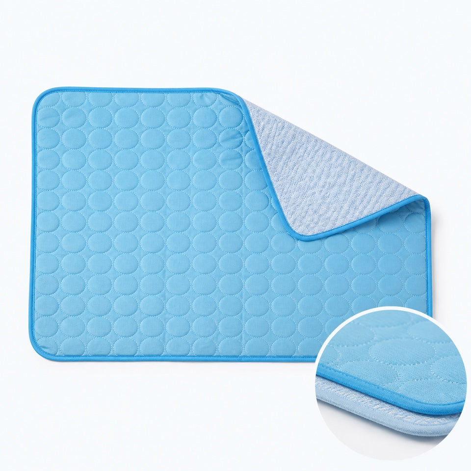 Froloft mat with quilted face folded back to reveal the cool-touch woven reverse