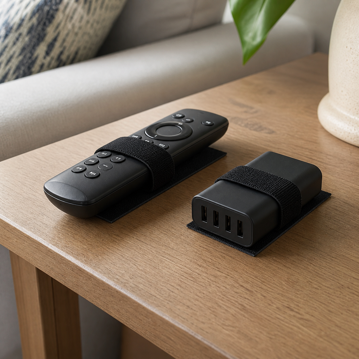 Griploop holding a remote and charging hub in place