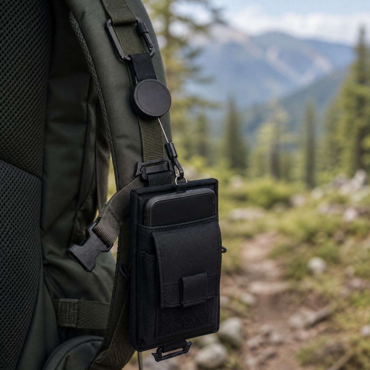 Kordra pouch clipped to a backpack for outdoor carry