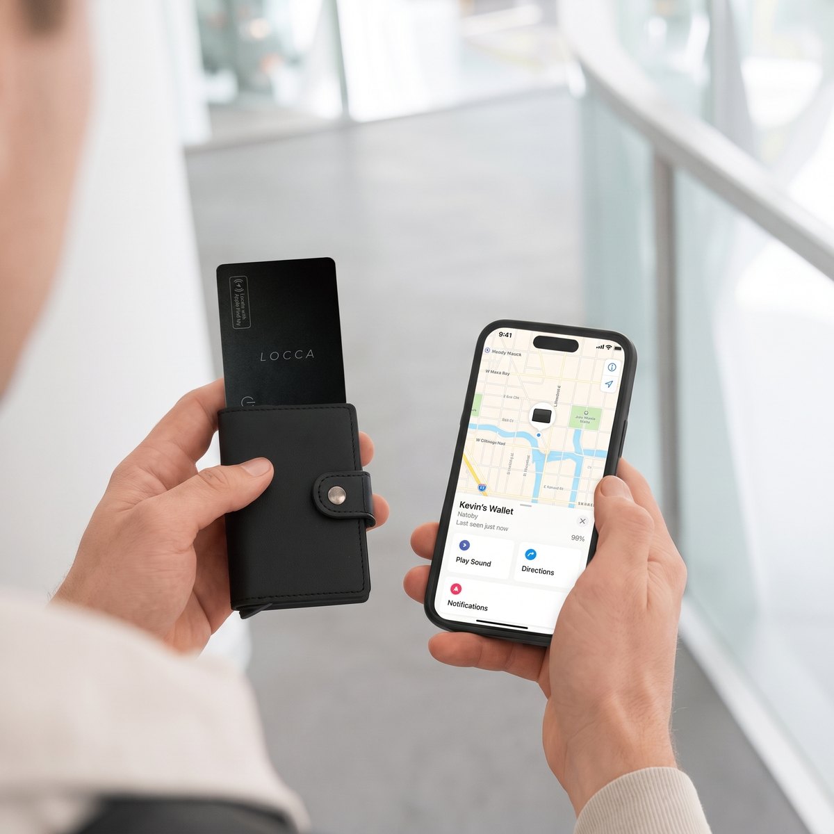 Locca card in a wallet next to an iPhone showing the Apple Find My map