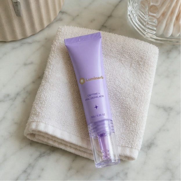 Representative Luminorb roller eye gel tube on a clean vanity towel