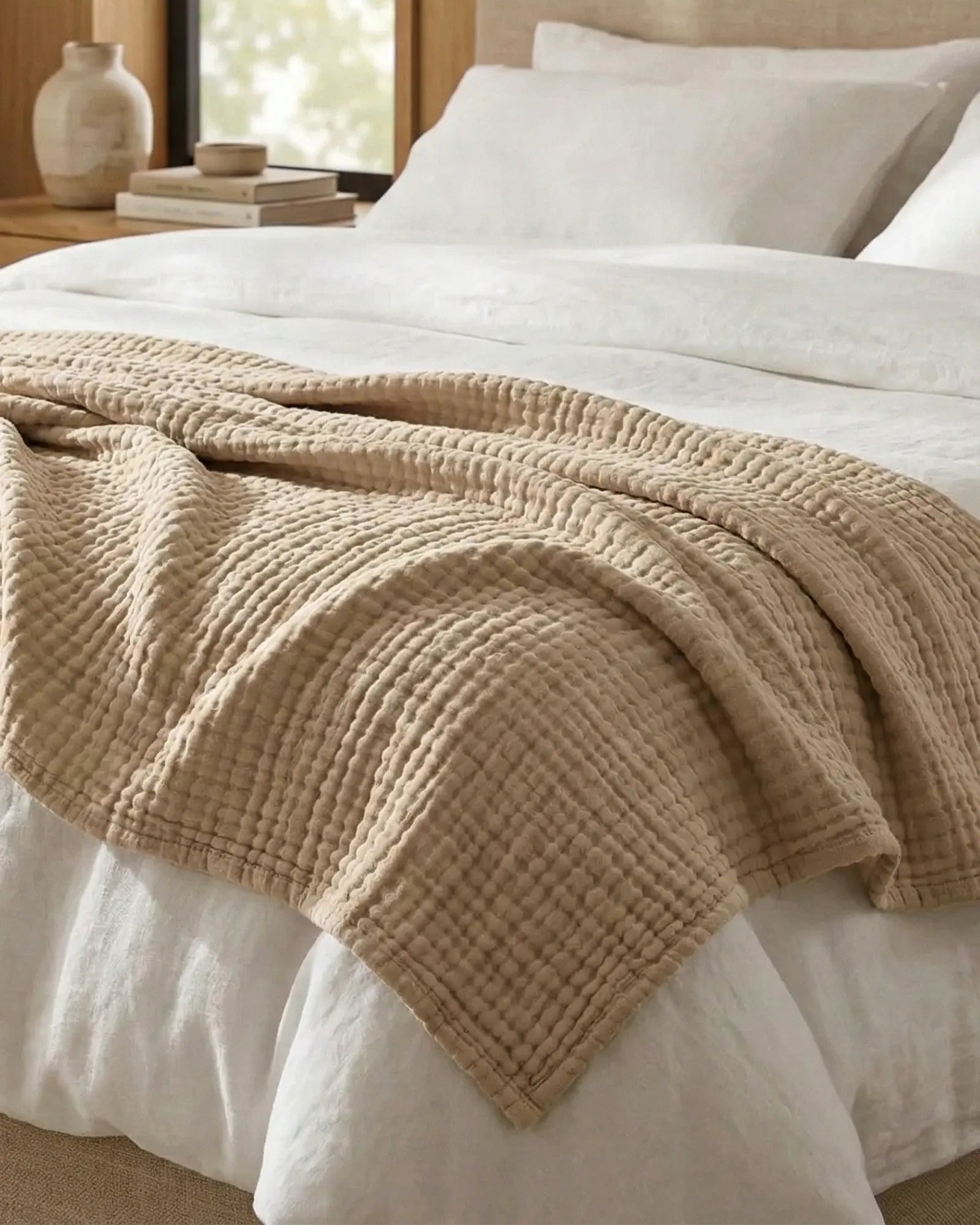 Morvelle blanket layered on a bed