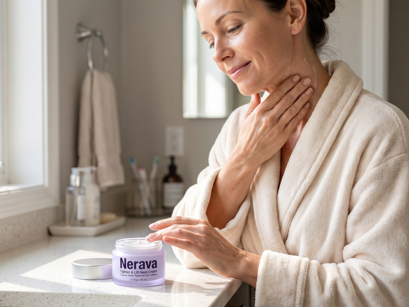 Woman applying cream to neck area