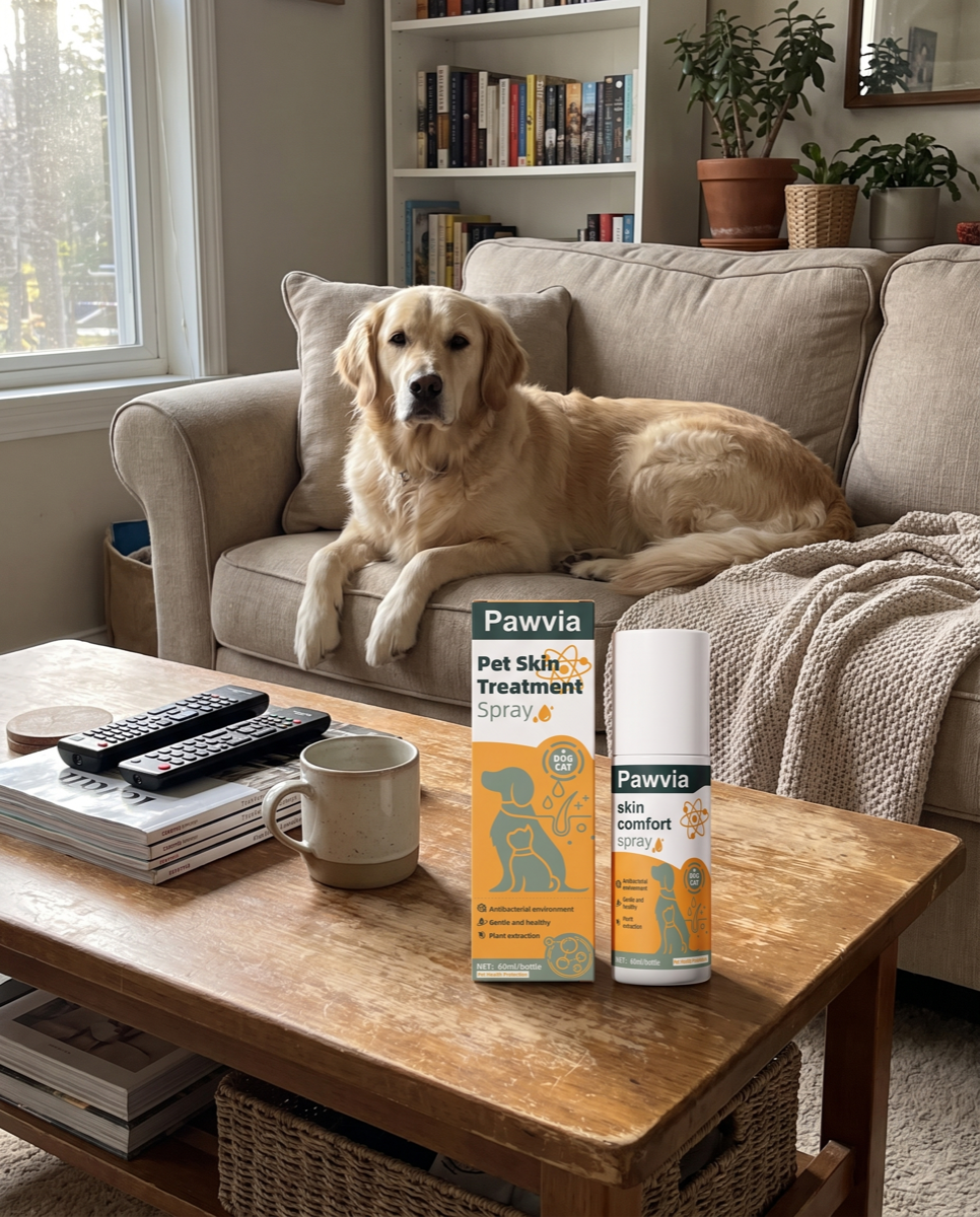 Pawvia spray near a calm dog on a sofa