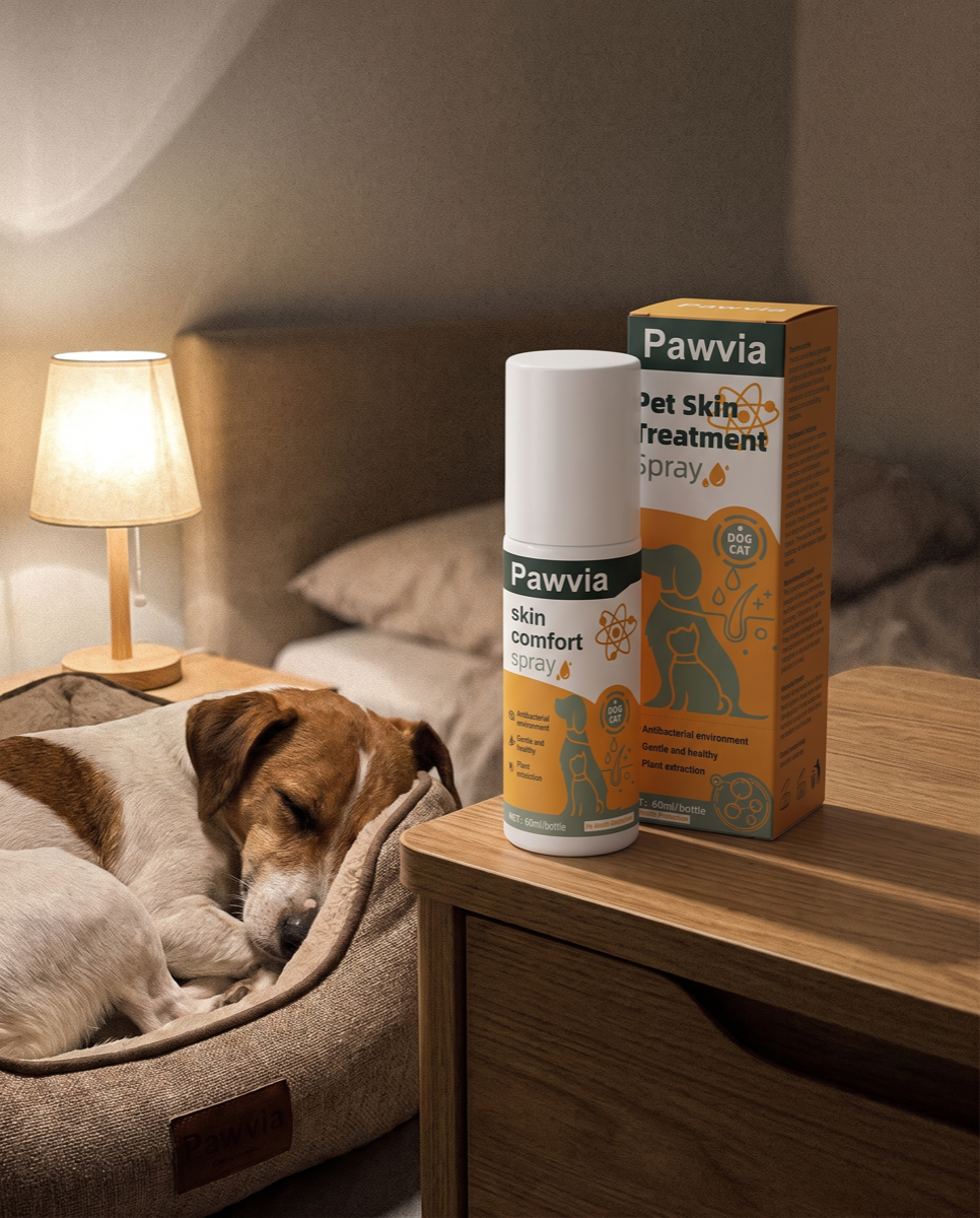 Pawvia spray near a sleeping dog bed