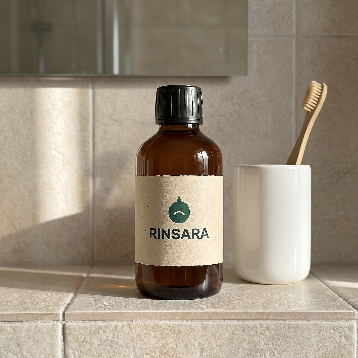 Rinsara oil pulling rinse on a bathroom counter
