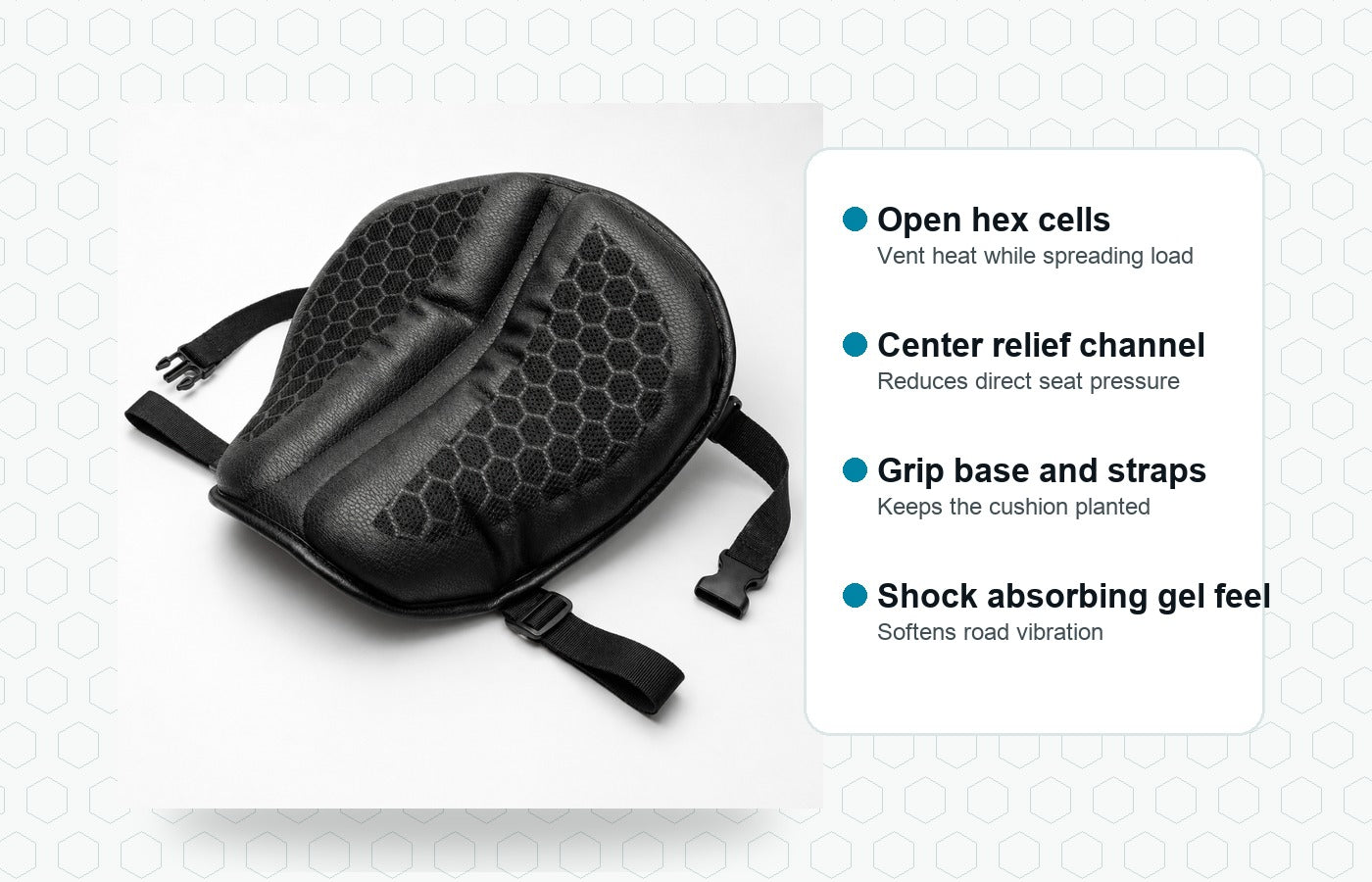 Sadrox cushion mechanism visual with hex cells and pressure relief notes